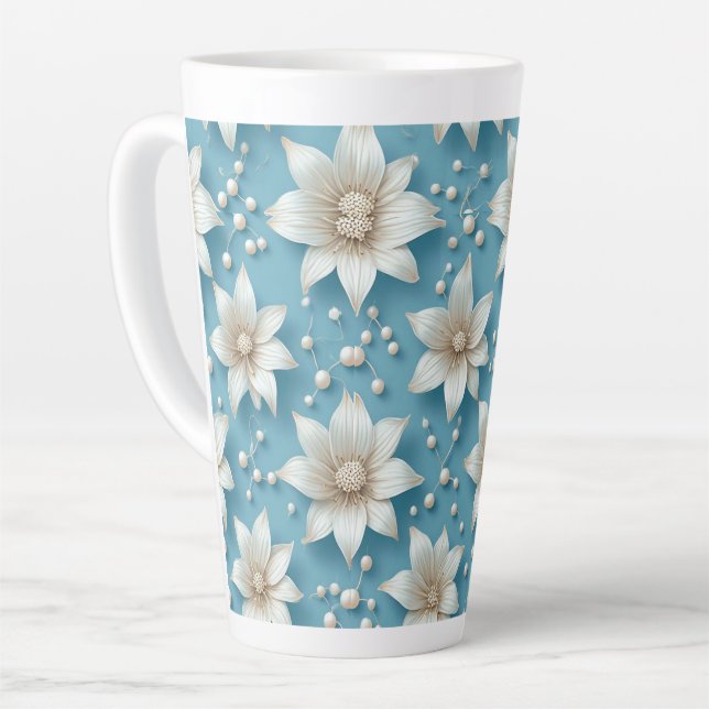 Caneca De Café Latte Padrão de Flor Branca Elegante Com Pérolas (Ângulo esquerdo)