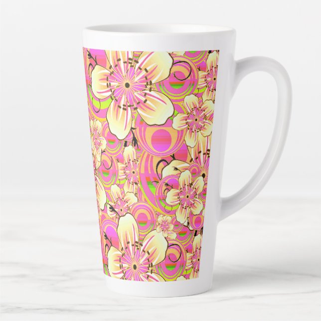 Caneca De Café Latte padrão de flor rosa groovy (Direita)