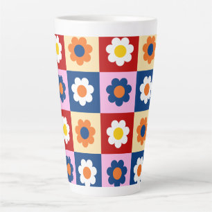 Caneca De Café Latte Padrão de Flores Coloridas Fofo Retrô