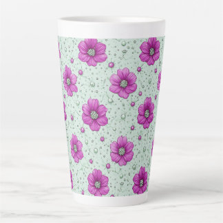 Caneca De Café Latte Padrão de Flores Cor-de-Rosa com Gotículas