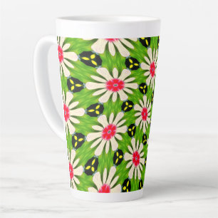 Caneca De Café Latte Padrão de Flores Cor-de-Rosa e Branco