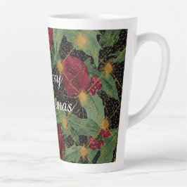 Caneca De Café Latte Padrão de Flores de Natal,Ouro Vermelho Verde Pret