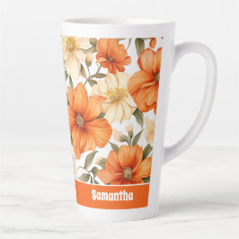 Caneca De Café Latte Padrão de Flores de Outono Russo de Laranja Vintag