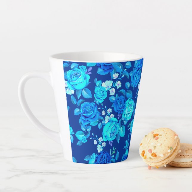 Caneca De Café Latte Padrão de Flores de Rosa Azul Clássico-87600 (In Situ)