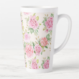 Caneca De Café Latte Padrão de Flores de Rosa Romântica-23799