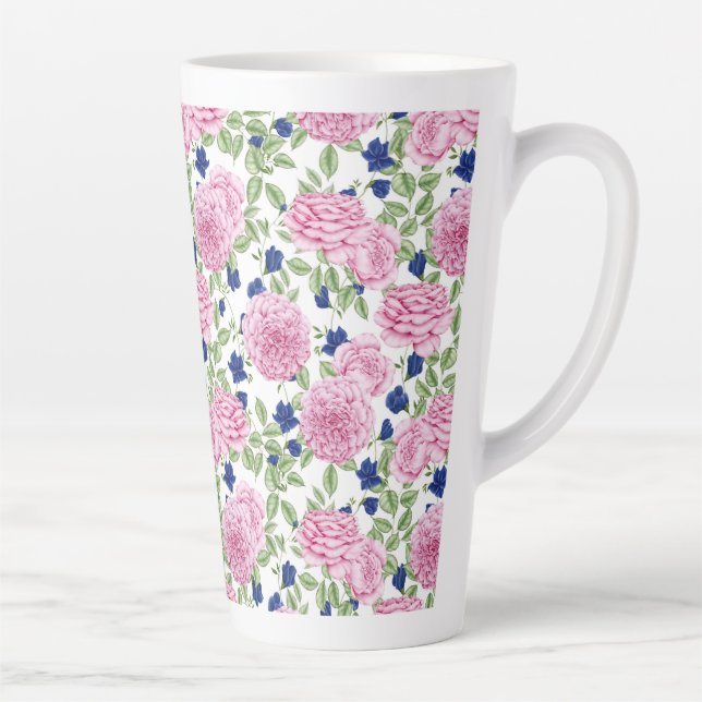 Caneca De Café Latte Padrão de Flores de Rosa Rosa (Direita)