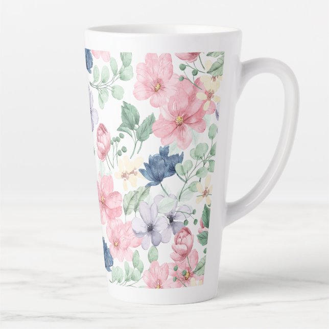 Caneca De Café Latte Padrão de Flores e Folhas de primavera (Direita)