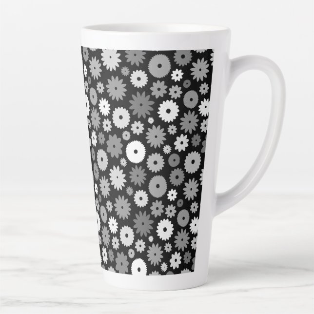 Caneca De Café Latte Padrão de Flores Monocromáticas (Direita)
