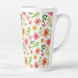 Caneca De Café Latte Padrão de Flores Rosa Aquarela-69677