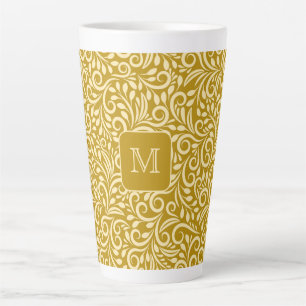Caneca De Café Latte Padrão de Folha Floral do Monograma Personalizado