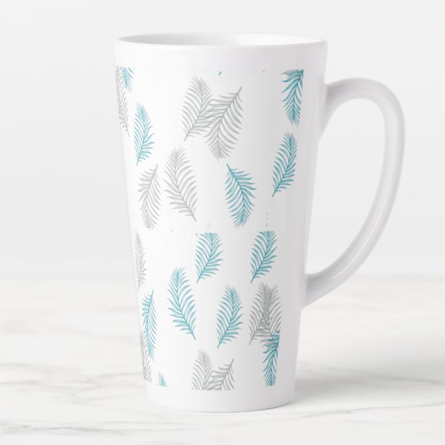 Caneca De Café Latte Padrão de Folhas Azul e Cinza (Direita)
