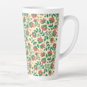 Caneca De Café Latte Padrão de Folhas de Flores Prensadas Desenhadas à 