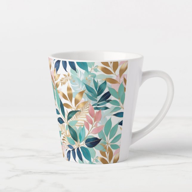Caneca De Café Latte Padrão de Folhas Elegantes Água Rosa Dourado Falso (Direita)