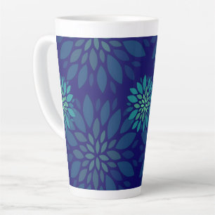 Caneca De Café Latte Padrão de Folhas Florais Azul Marinho e Verde Mode