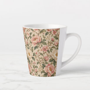 Caneca De Café Latte Padrão de Jardim de Peônia e Rosa Romântico Vintag