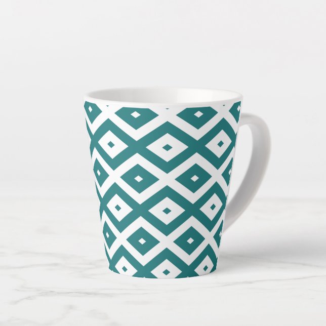 Caneca De Café Latte Padrão de losango branco e teal (Ângulo direito)
