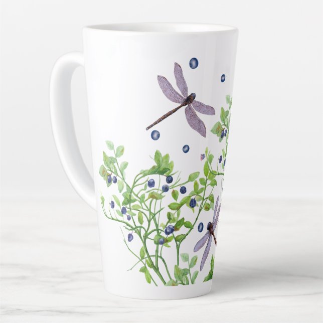 Caneca De Café Latte Padrão de mirtilo com libélulas (Ângulo esquerdo)