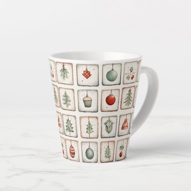 Caneca De Café Latte Padrão de Natal Lineart da Aquarela (Ângulo direito)