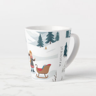 Caneca De Café Latte Padrão de neve de natal bonito monograma