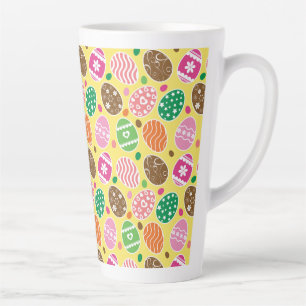 Caneca De Café Latte Padrão de Ovos de Páscoa Coloridos Fundo Amarelo
