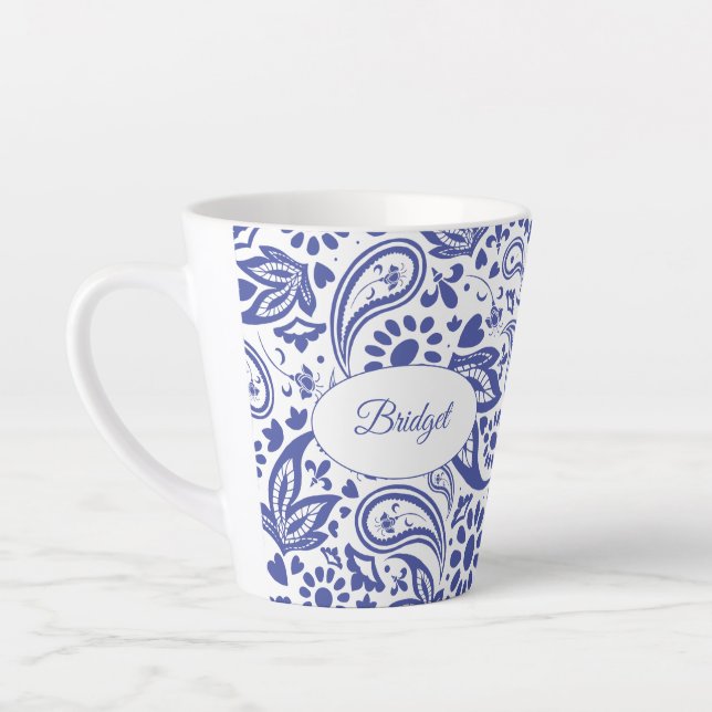 Caneca De Café Latte Padrão de Paisley Branco Azul de Hampton (Esquerda)