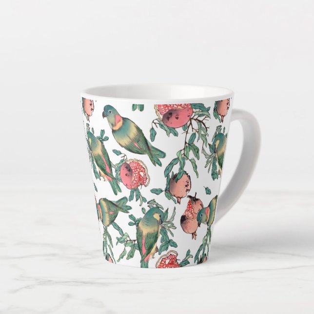Caneca De Café Latte Padrão de Pomegranato e Aves (Ângulo direito)