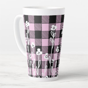 Caneca De Café Latte Padrão de xadrez floral preto-de-rabo-preto-rosa