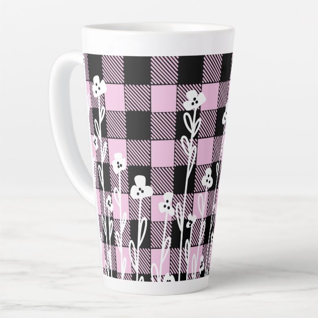 Caneca De Café Latte Padrão de xadrez floral preto-de-rabo-preto-rosa (Ângulo esquerdo)