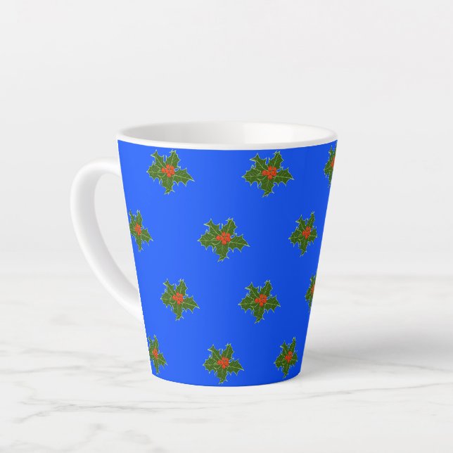 Caneca De Café Latte Padrão decorativo de Natal Holly em azul (Ângulo esquerdo)