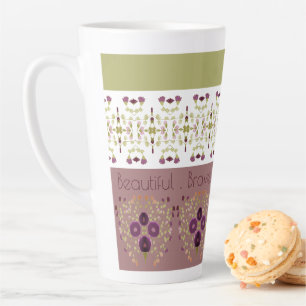 Caneca De Café Latte Padrão Delicado em Rosa Pêssego e Verde