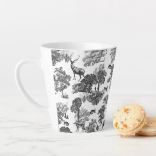 Caneca De Café Latte Padrão Elegante Vintage Black White Toile Deer