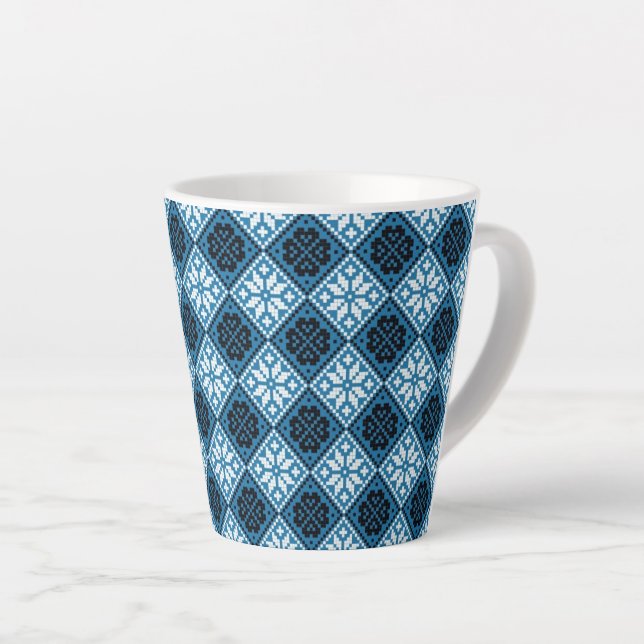 Caneca De Café Latte Padrão estoniano azul preto e branco Mitten (Ângulo direito)