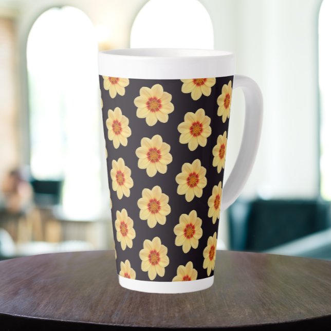 Caneca De Café Latte Padrão Floral Amarelo Dahlia em Preto (In Situ)