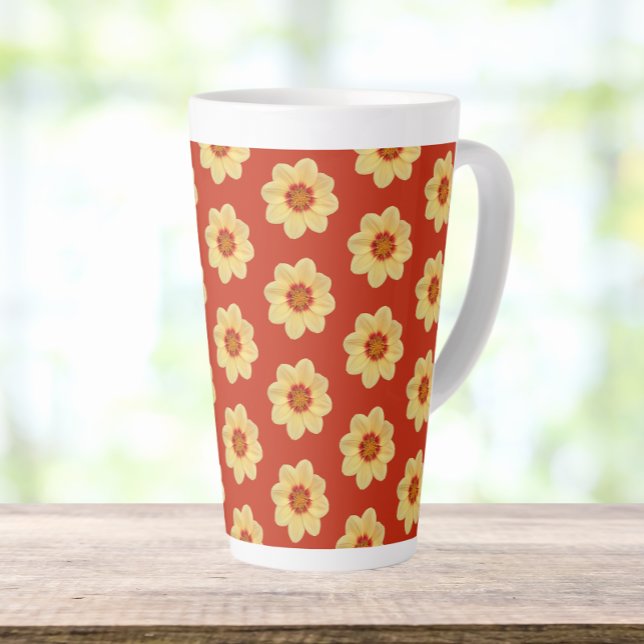 Caneca De Café Latte Padrão Floral Amarelo Dahlia em Vermelho (In Situ)