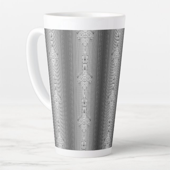 Caneca De Café Latte padrão floral barroco com borda cinza (Ângulo esquerdo)