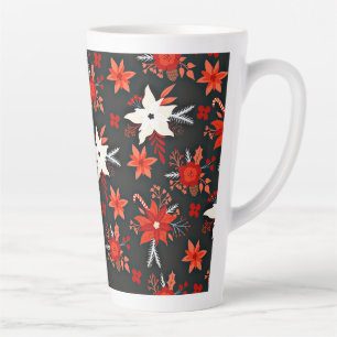 Caneca De Café Latte Padrão Floral com Flores Brancas Vermelhas- 11438