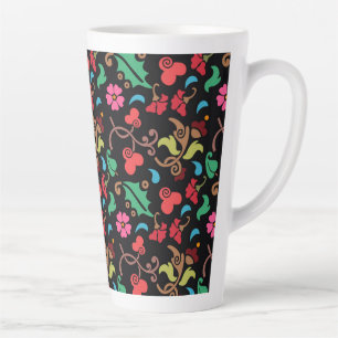 Caneca De Café Latte Padrão Floral Com Fundo De Cor Lisa-45673