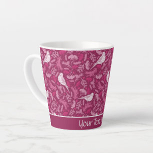 Caneca De Café Latte Padrão Floral de Aves Brancas Brilhante, Rosa-Bril