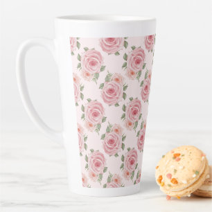 Caneca De Café Latte Padrão floral de colheita floral, cor-de-rosa, ros