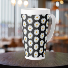 Caneca De Café Latte Padrão Floral de Margarida Branca em Preto