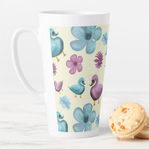 Caneca De Café Latte Padrão Floral de Pato Fofo Estética Pastel Kawaii 