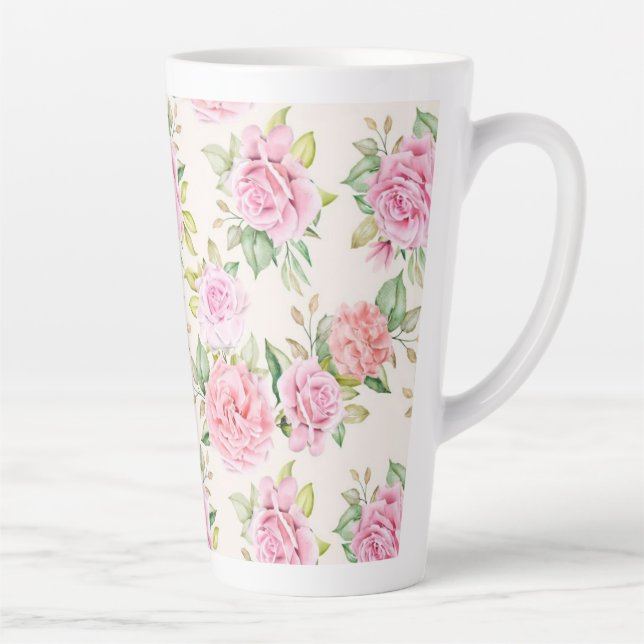 Caneca De Café Latte Padrão Floral de Rosa Romântica Elegante (Direita)