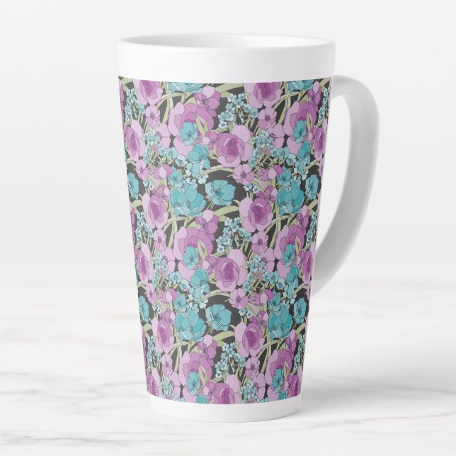 Caneca De Café Latte Padrão Floral Elegante Fundo Preto Púrpura Rosa (Ângulo direito)
