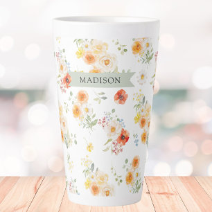 Caneca De Café Latte Padrão Floral Ensolarado Aquarela Nome Personaliza