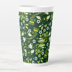 Caneca De Café Latte Padrão Floral Escandinavo Verde Moderno