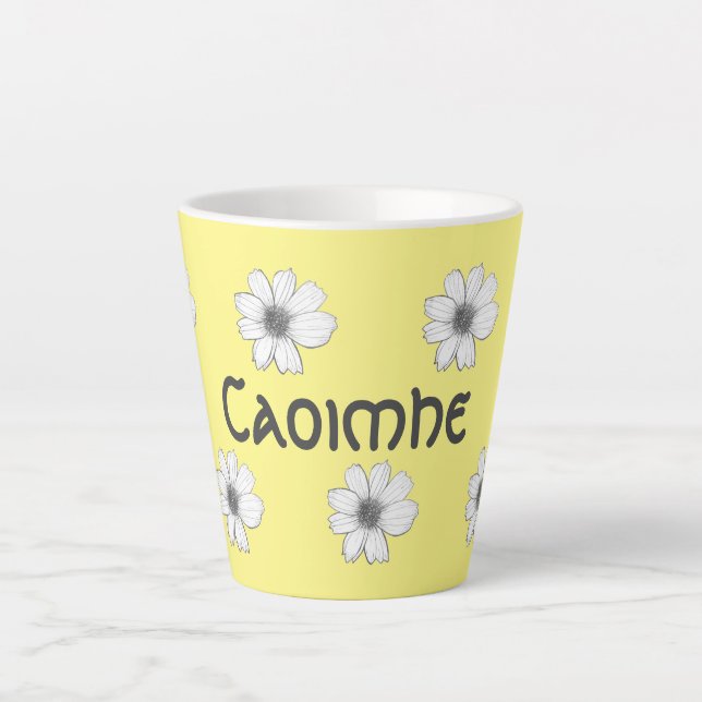Caneca De Café Latte Padrão floral Nome personalizado amarelo (Frente)