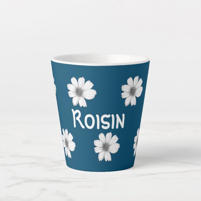 Caneca De Café Latte Padrão Floral Nome personalizado do Azul Teal (Frente)