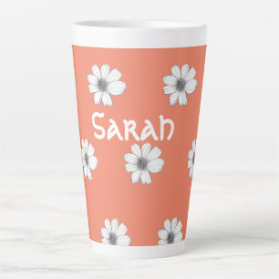 Caneca De Café Latte Padrão Floral Nome personalizado Laranja