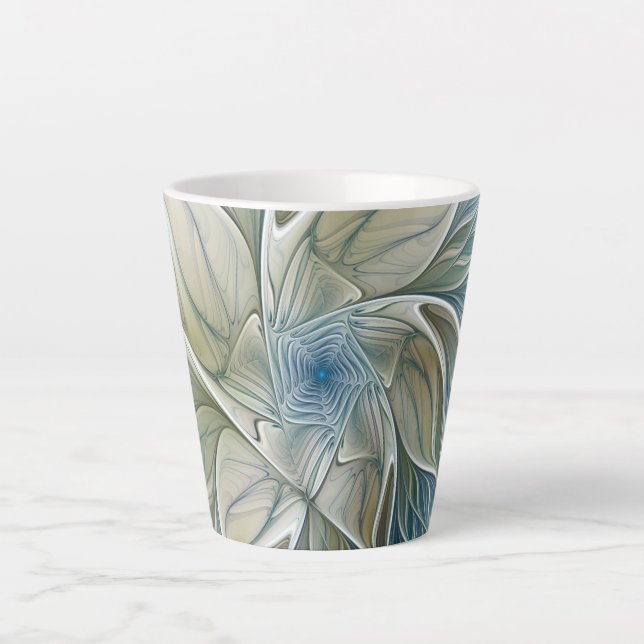Caneca De Café Latte Padrão Floral Sonho Abstrato Caqui Azul Fractal (Frente)