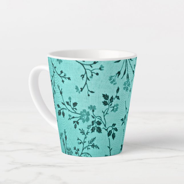 Caneca De Café Latte Padrão floral turquesa (Ângulo esquerdo)